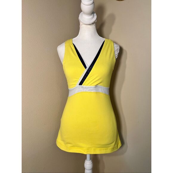 Lululemon Yellow Black White Deep V Faux Wrap Front Athletic Tank Top Size 6 - Picture 1 of 7